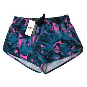 New NWT 4F Shorts Blue Pink Tropical Print Womens M Elastic Waistband Drawstring